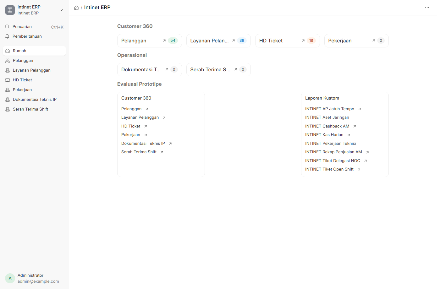 Halaman login & workspace Intinet ERP