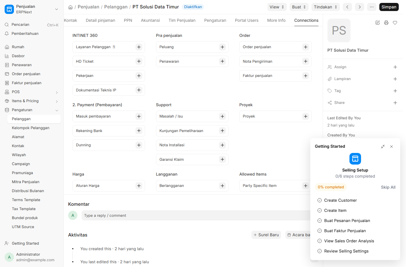 Customer 360 — tab Connections pelanggan PT Solusi Data Timur