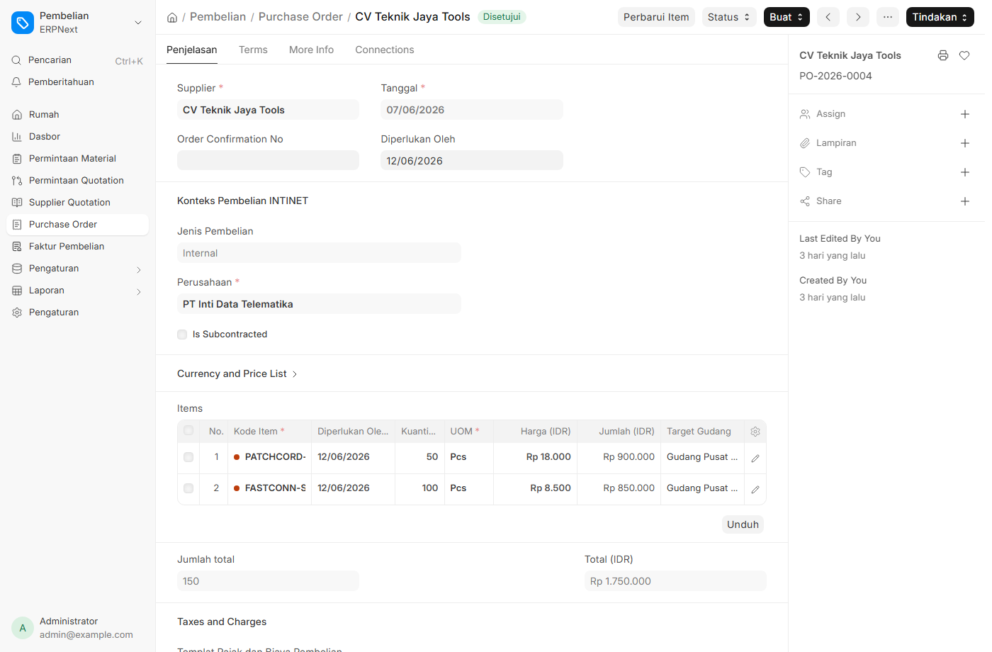 Purchase Order status *To Receive and Bill*. Contoh: **PO-2026-0001**.