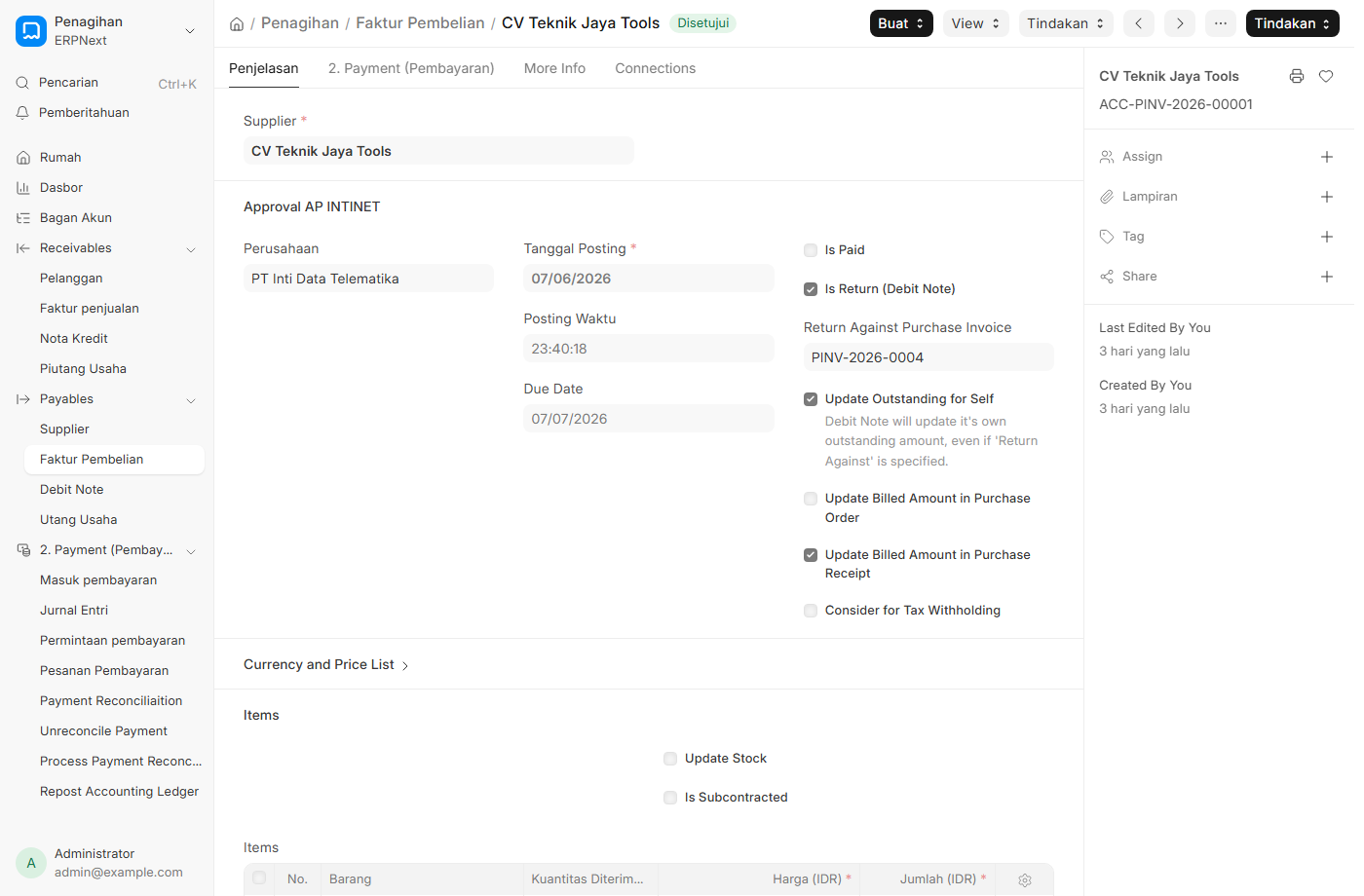 Purchase Invoice tersubmit.