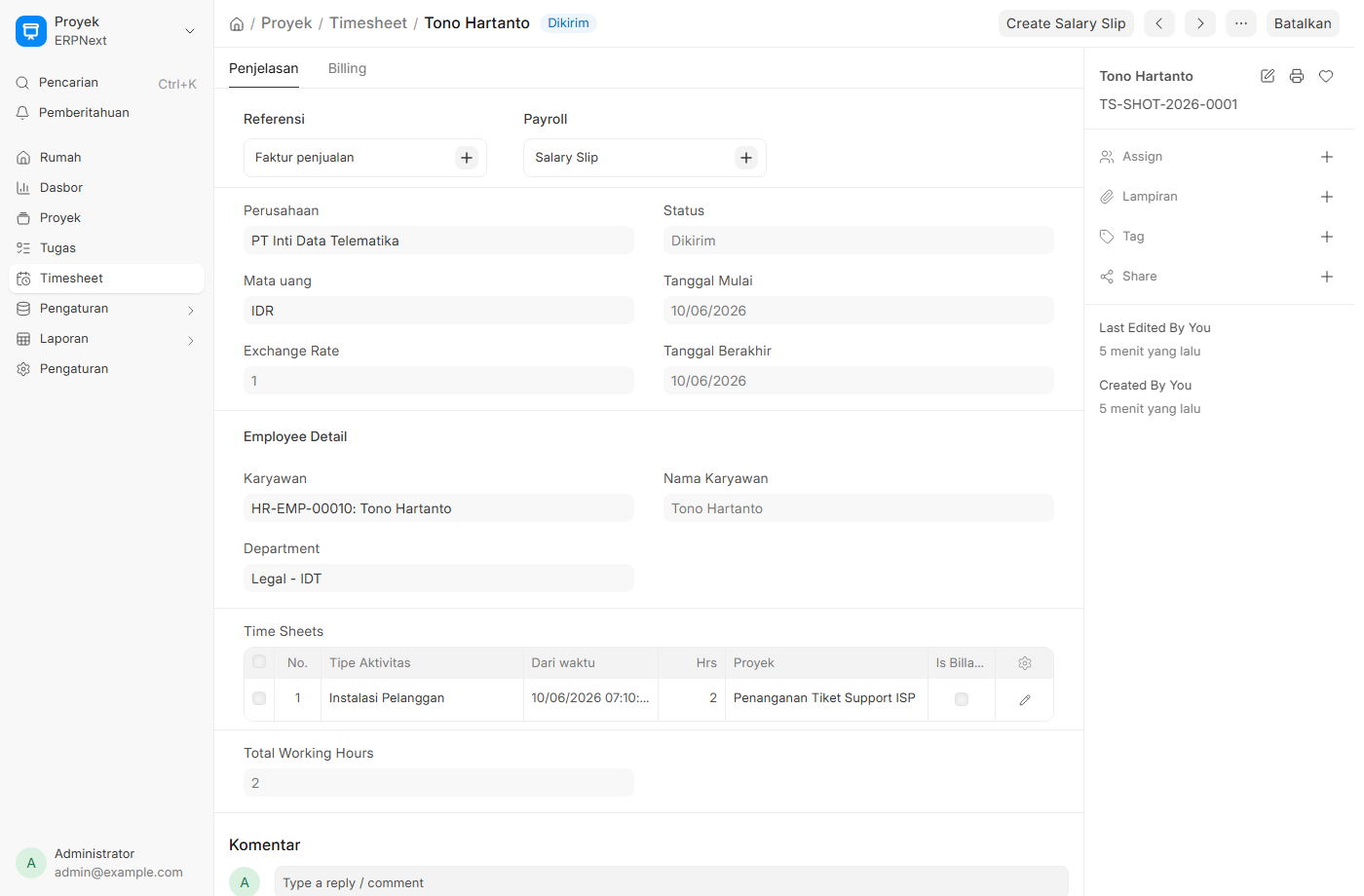 Timesheet teknisi.