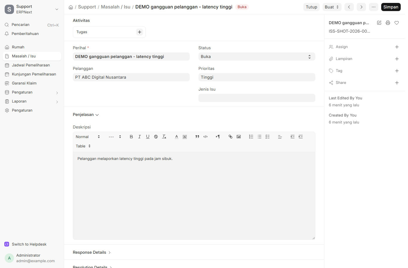 Issue pelanggan dengan status. Contoh: cari Issue DEMO.