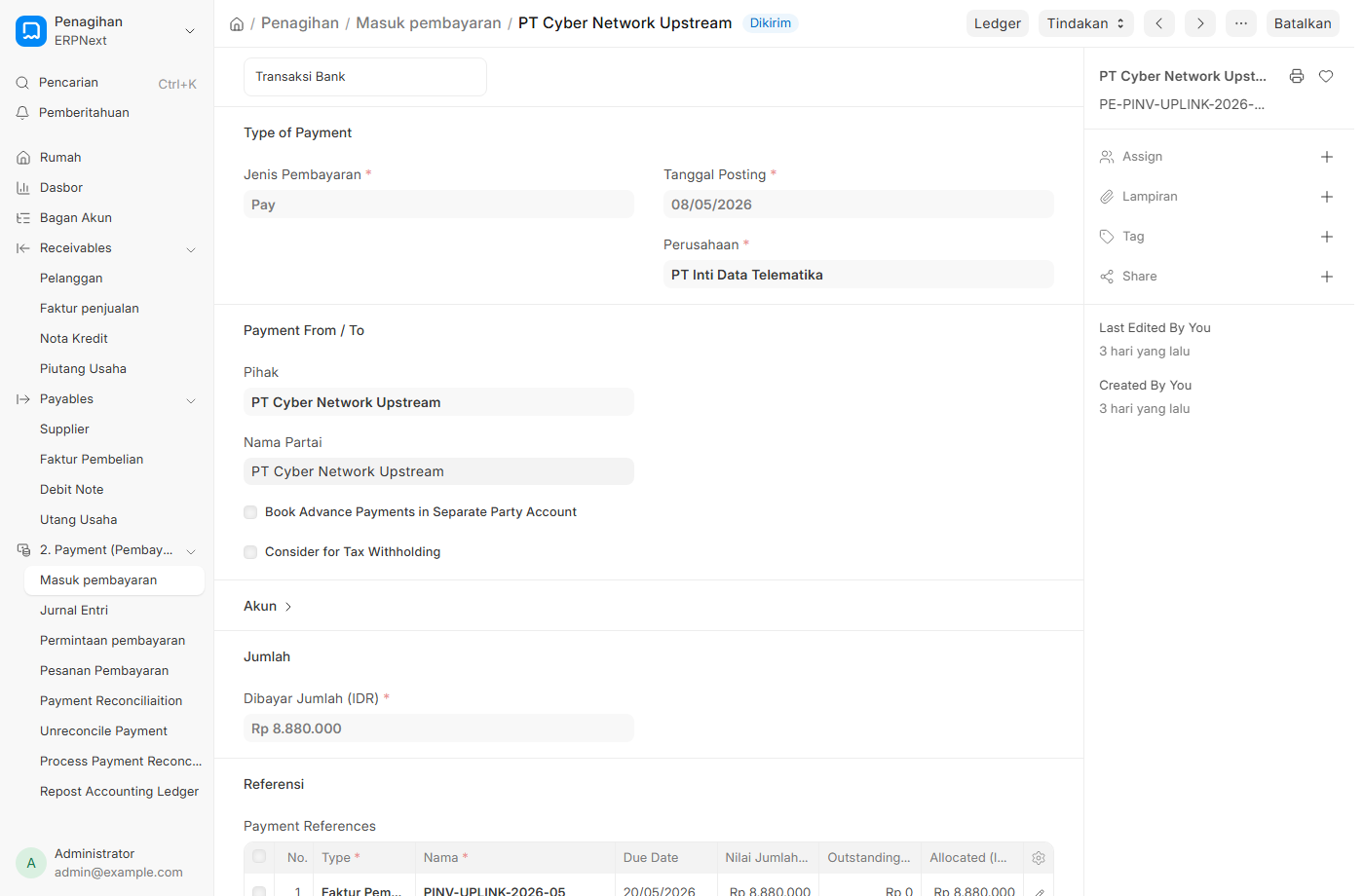 Payment Entry — pilih rekening bank