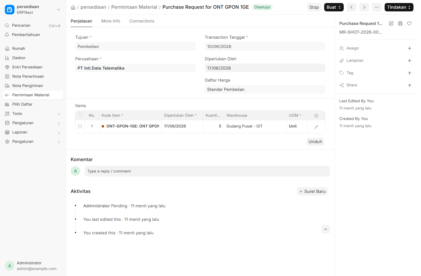 Material Request terisi (contoh)