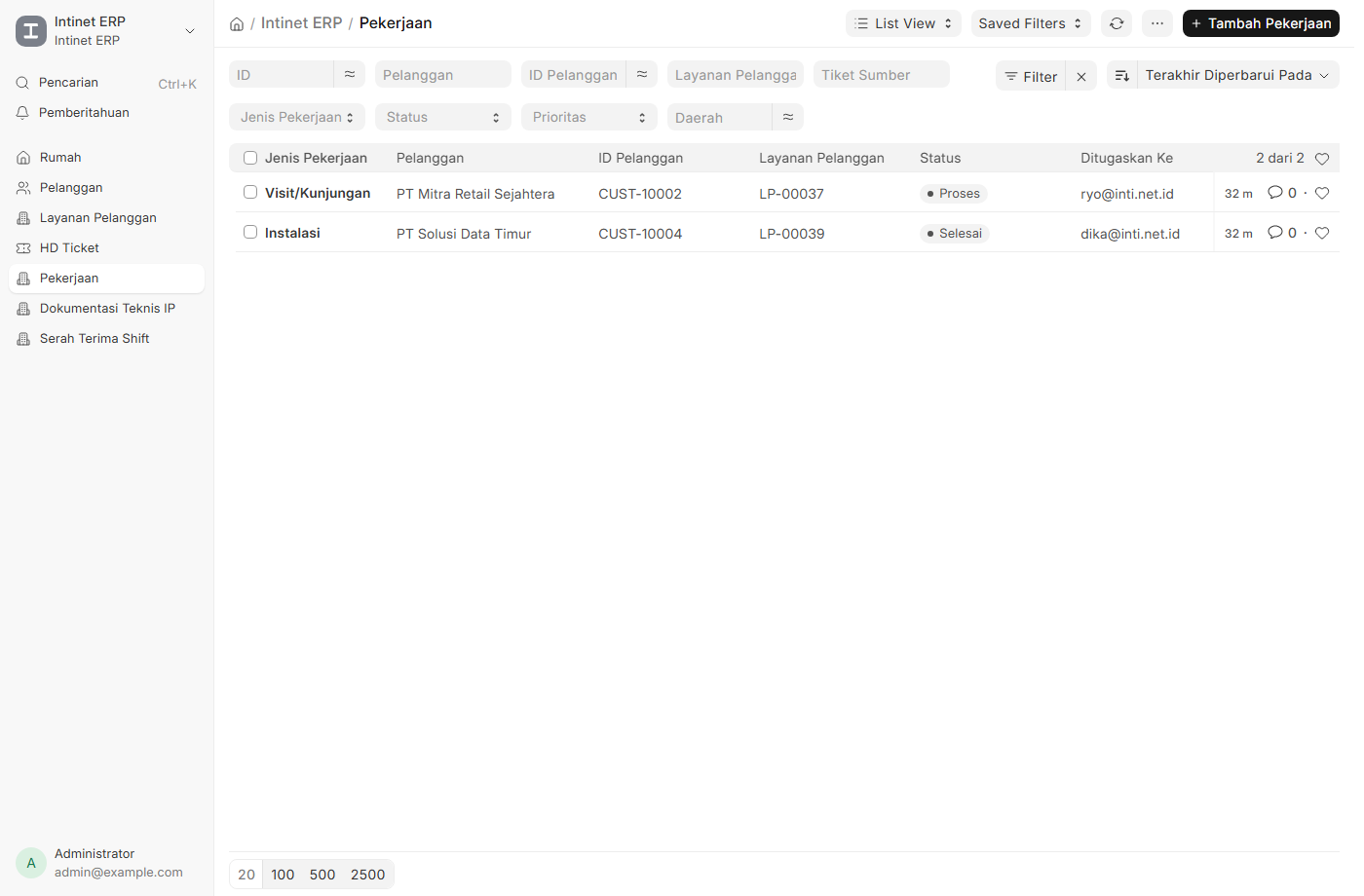 Daftar Pekerjaan (contoh PEK-00001 & PEK-00002)